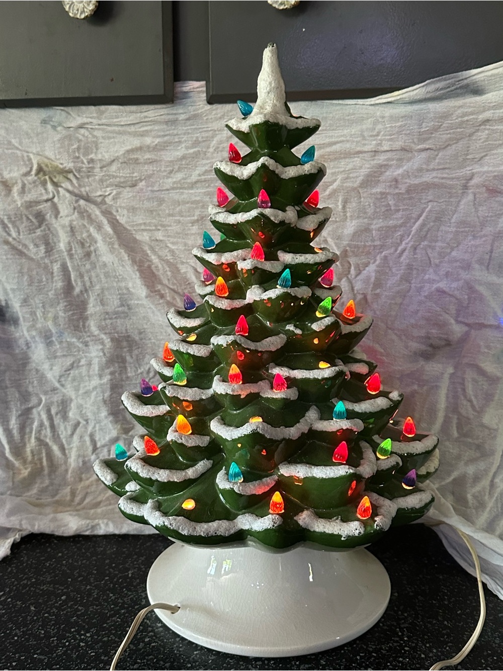 Vintage 1970’s Ceramic Green Snow-Tipped Holiday Tree with Multicolor Lights